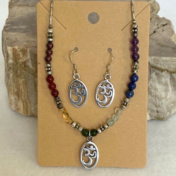 Sterling Silver 925 Ohm Beaded Multi Gemstone Pendant Necklace Earrings Set - Picture 1 of 16